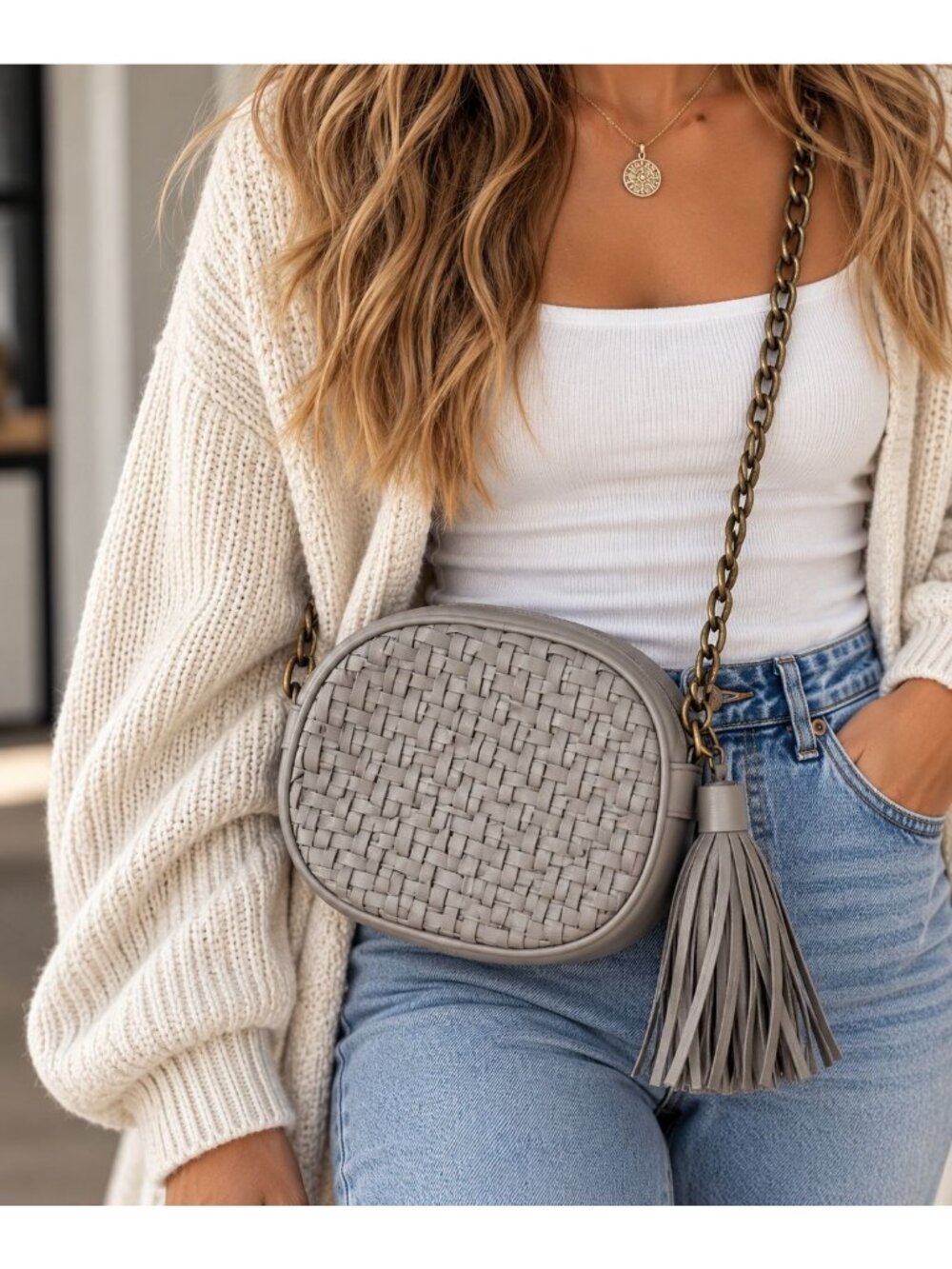Anthropologie Gray Woven Crossbody Bag With Chain Strap & Tassel Accent